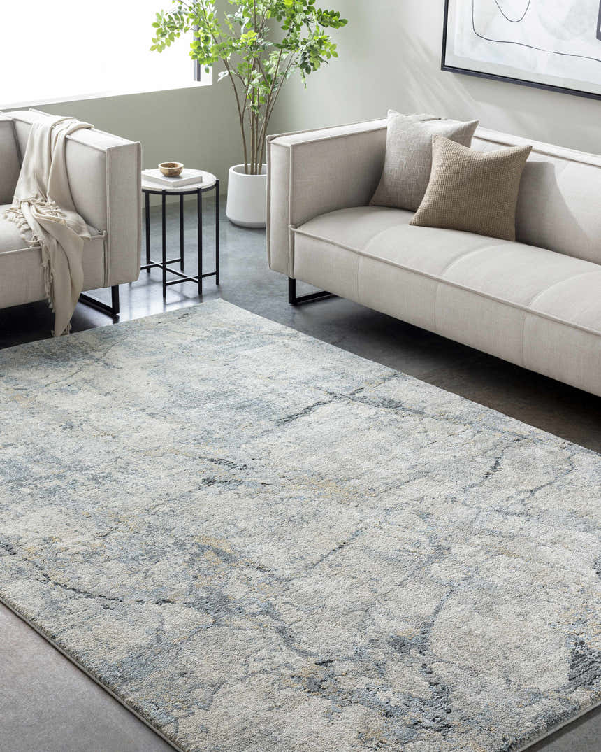 Living room scene with a Urowo Light Gray Thick Luxe Rug, light gray sofas, and a modern aesthetic. Roomscene-Rectangle