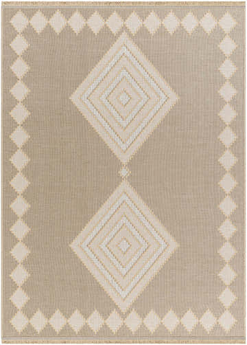 Close-up of the Ziggy Washable Jute Rug, featuring a diamond pattern in beige, cream, and tan. Farmhouse style. Design-Rectangle-537