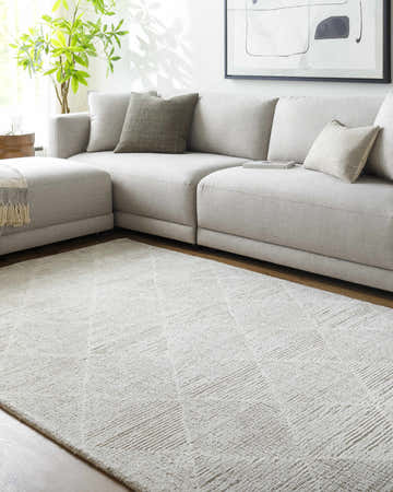 Living room scene with a light gray sectional and a light silver Zonta Area Rug with a geometric pattern. Roomscene-Rectangle