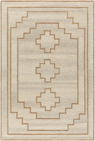 Close-up of Ziven Area Rug. Hand-tufted wool rug with a geometric pattern in ash, pearl, and tan hues. Design-Rectangle-576